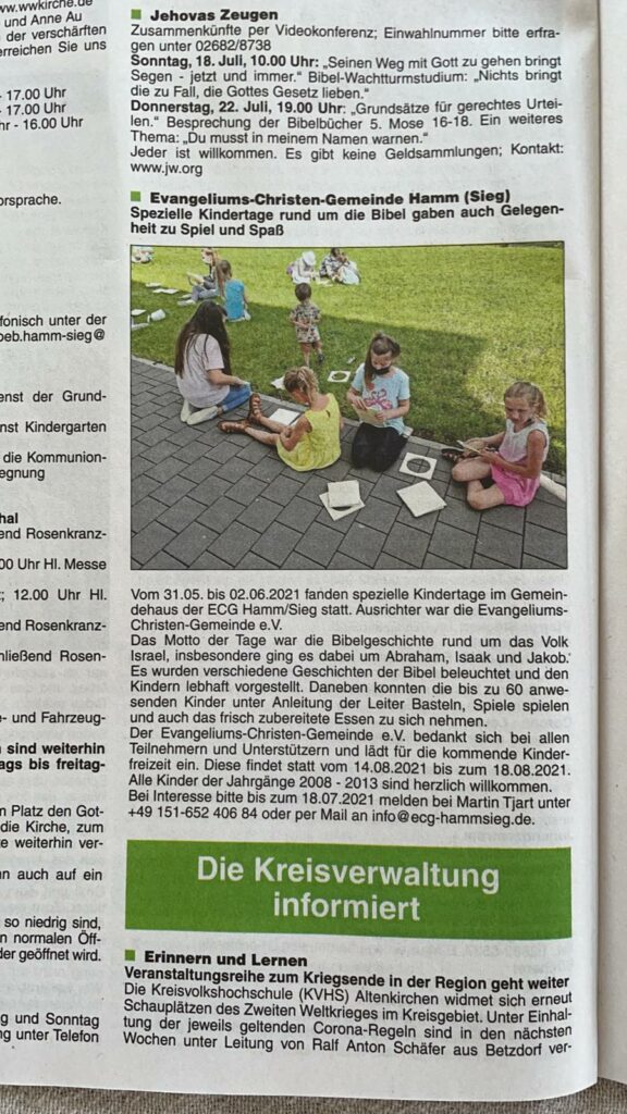 Presseartikel Kindertage bei der ECG Hamm Sieg - Evangeliums Christen Gemeinde Hamm Sieg